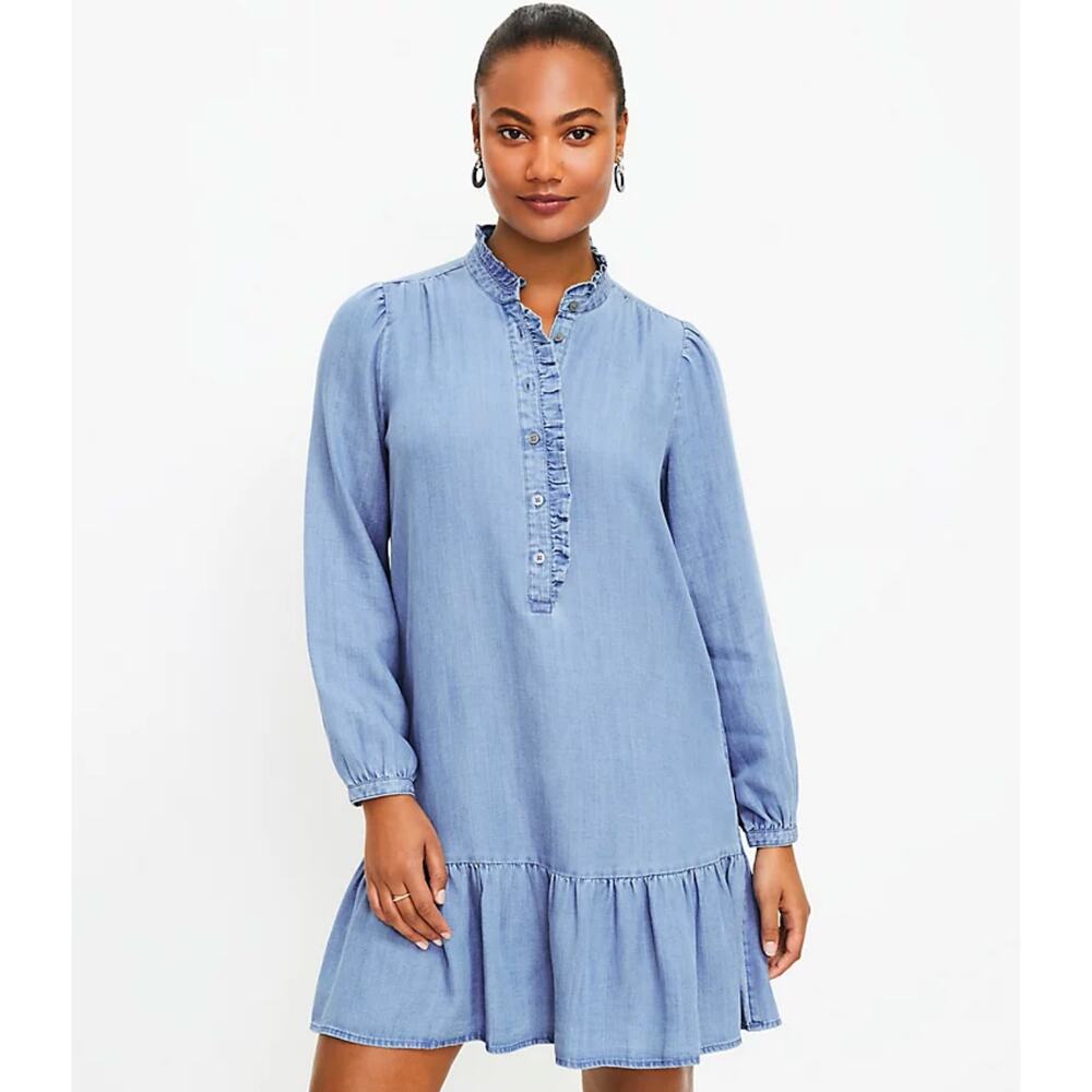 LOFT Chambray Denim Ruffle High Neck Button Front Tiered Hem Dress Size Large‎